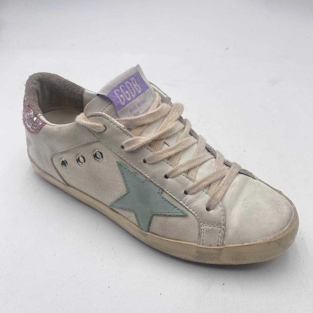 Golden Goose GGDB Super-Star Sneakers Womens 36 White Green Pink Glitter Leather